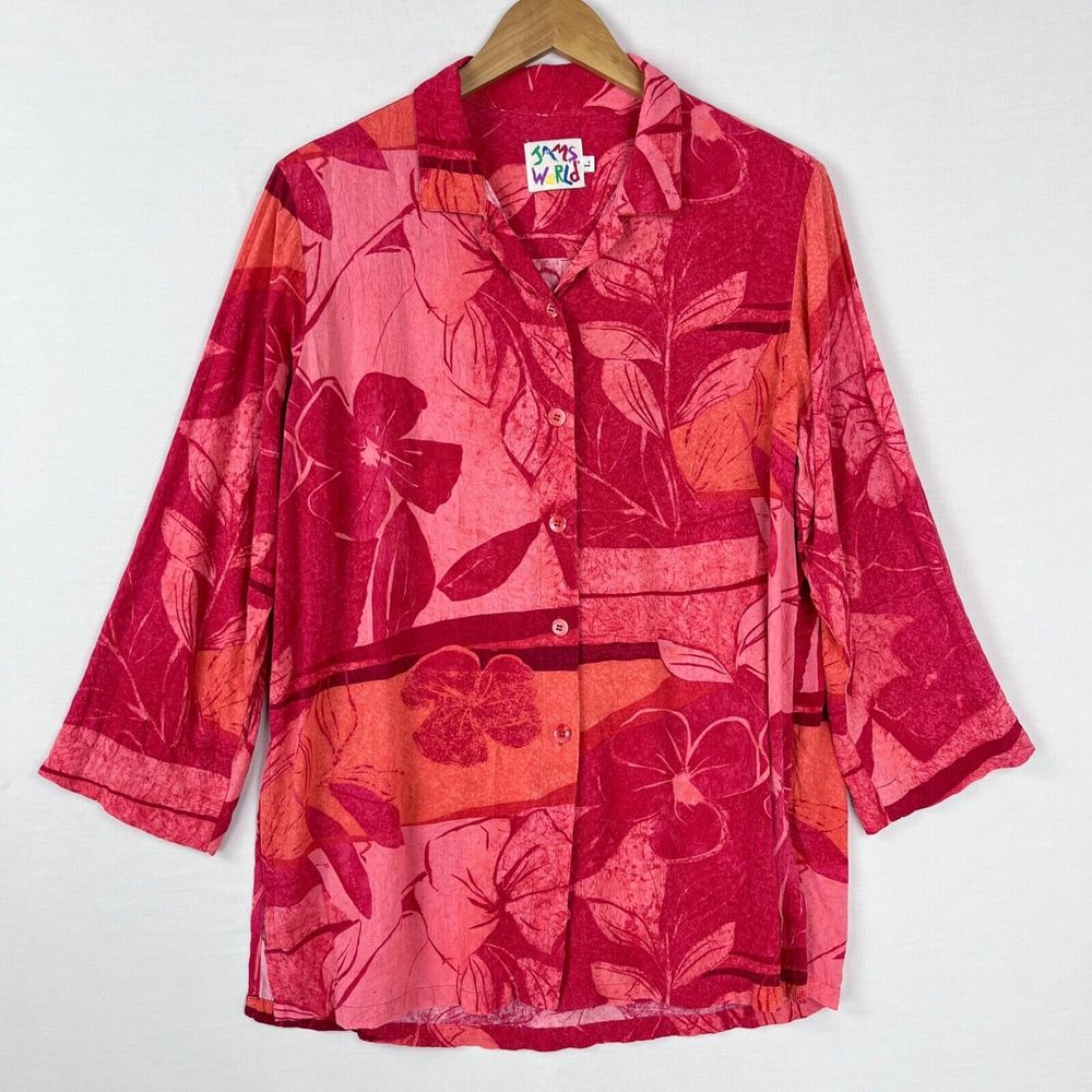 Jams World FLAWED Women L Tunic Top Crinkle Texture Button Up Spice Flower Print